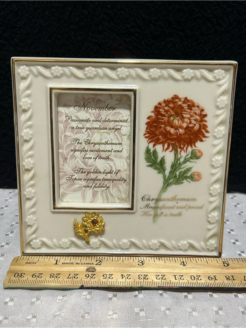 Lenox November Gold Chrysanthemum Topaz Birthstone Porcelain Picture Photo Frame